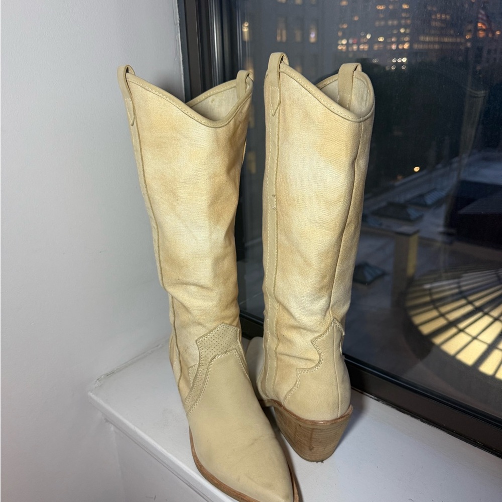 Dolce Vita Cowboy Boots in Distressed Cream Leather & Canvas – Minimal Wear
